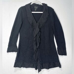 Pure Handknit Black Ruffle-Trim Cardigan Long Sleeve Sweater 100% Cotton L/XL.